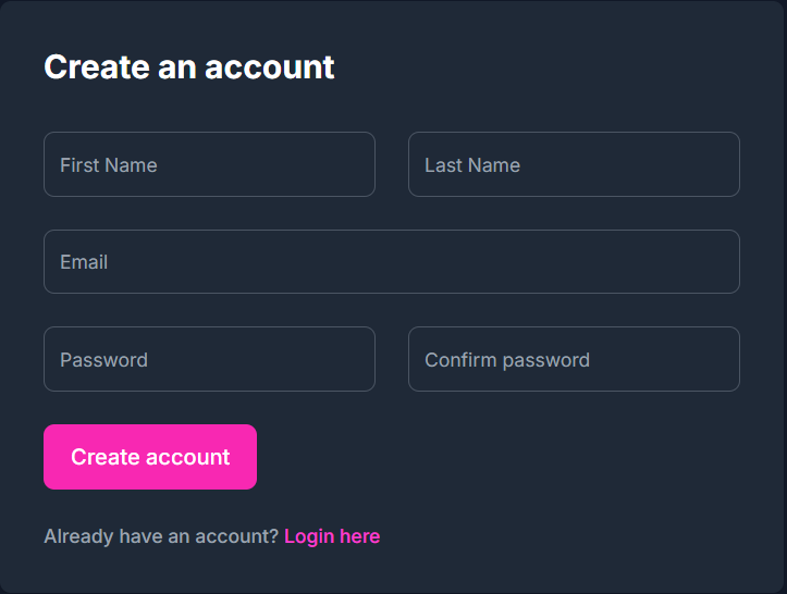 Create account card in dark mode