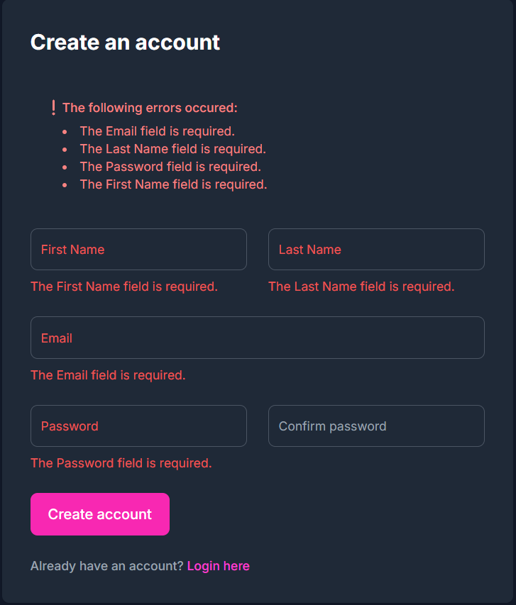 Create account card in dark mode with failed validations