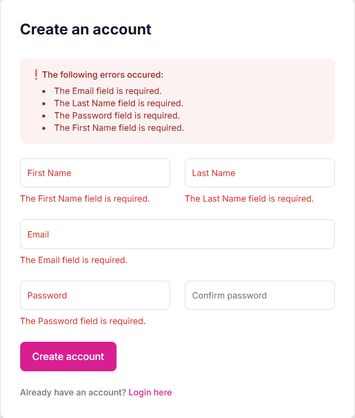 Create account card in light mode with failed validations