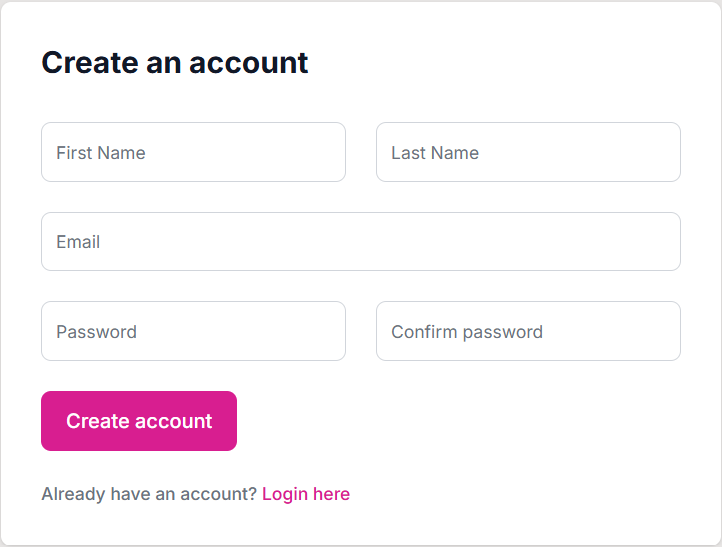 Create account card in light mode